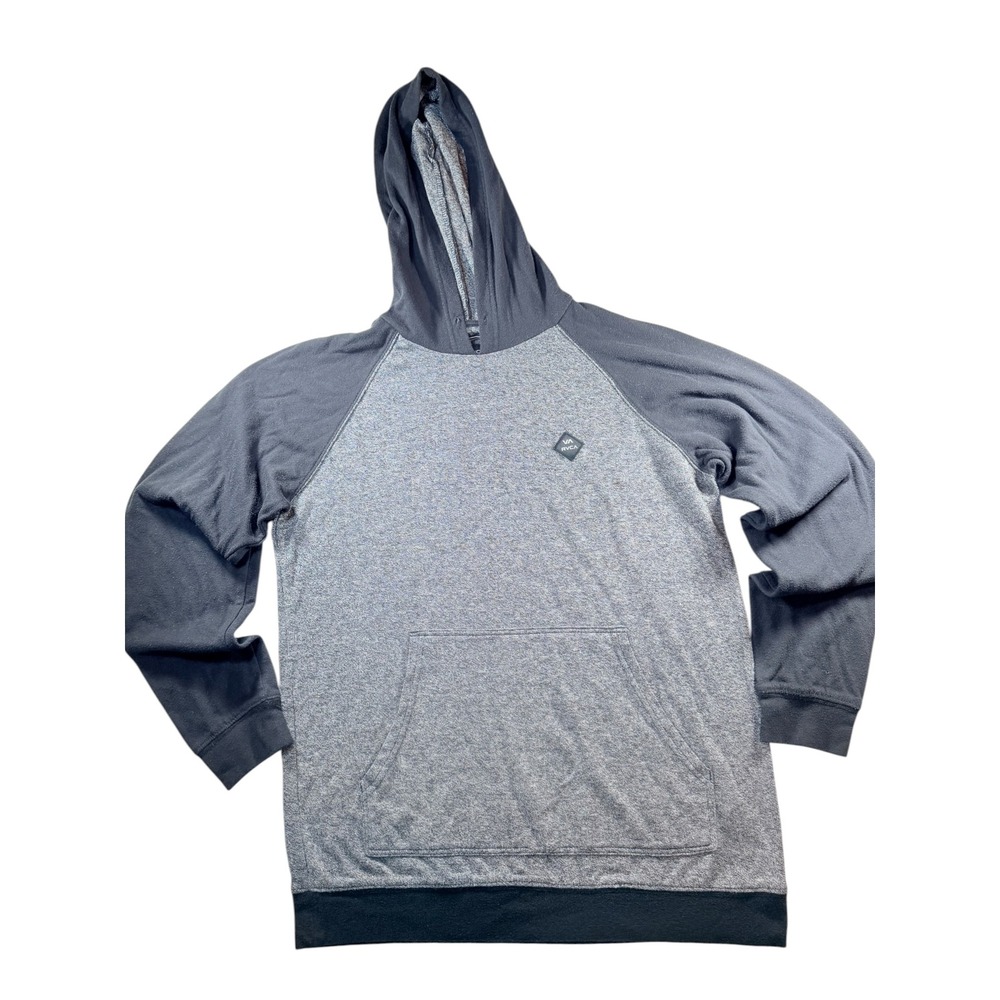 RVCA Hoodie Mens Medium Grey Black Excellent Raglan Pullover Logo Patch